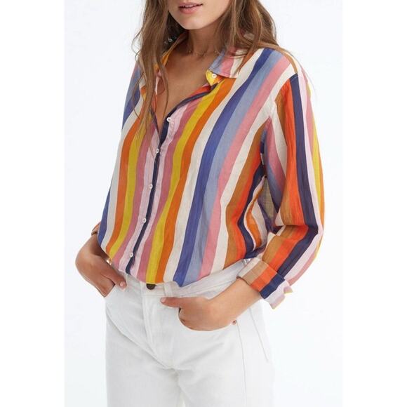 XIRENA Women's Striped Silk Cotton Button Up Shirt Blouse Colorful Bright - Picture 1 of 11